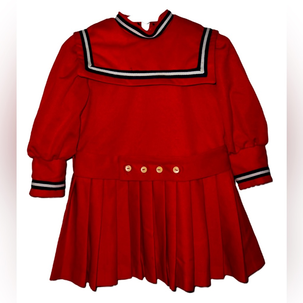 Vintage Dorissa Of Miami 2T Girls Red Sailor Nautical Pleated Dress